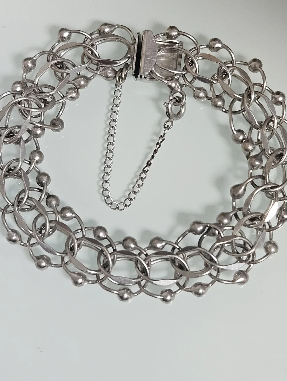 Vintage Sterling Silver Hand Crafted Links Wide Bracelet With Safety Chain
